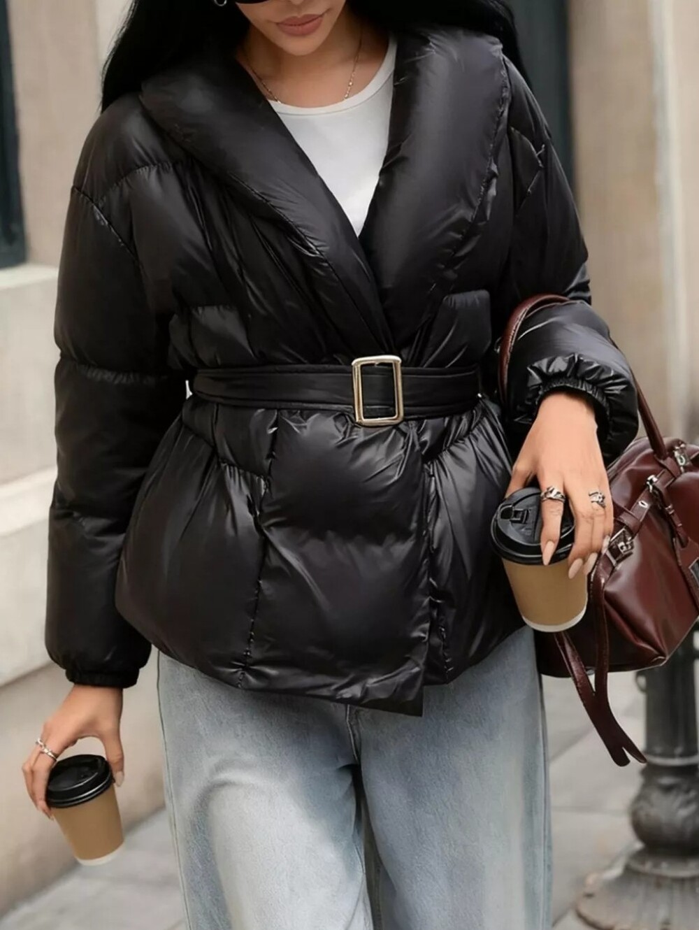 Long Sleeve Belted Puffer Jacket - Picture 2 of 7